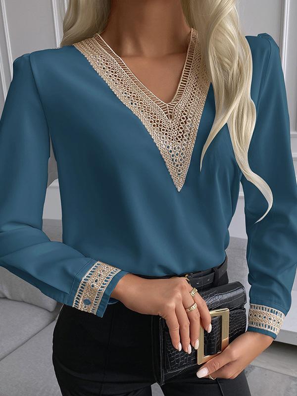 Women's T-Shirts Lace V-Neck Long Sleeve Slim T-Shirts - LuckyFash™