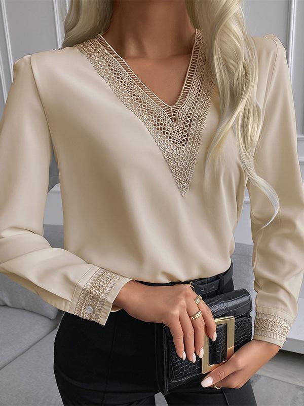 Women's T-Shirts Lace V-Neck Long Sleeve Slim T-Shirts - LuckyFash™