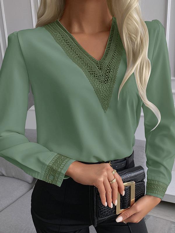 Women's T-Shirts Lace V-Neck Long Sleeve Slim T-Shirts - LuckyFash™