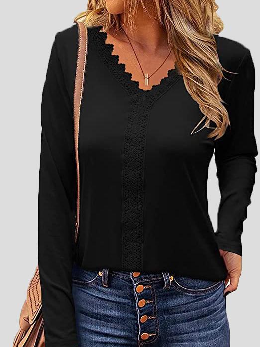 Women's T-Shirts Lace V-Neck Long Sleeve T-Shirt - LuckyFash™