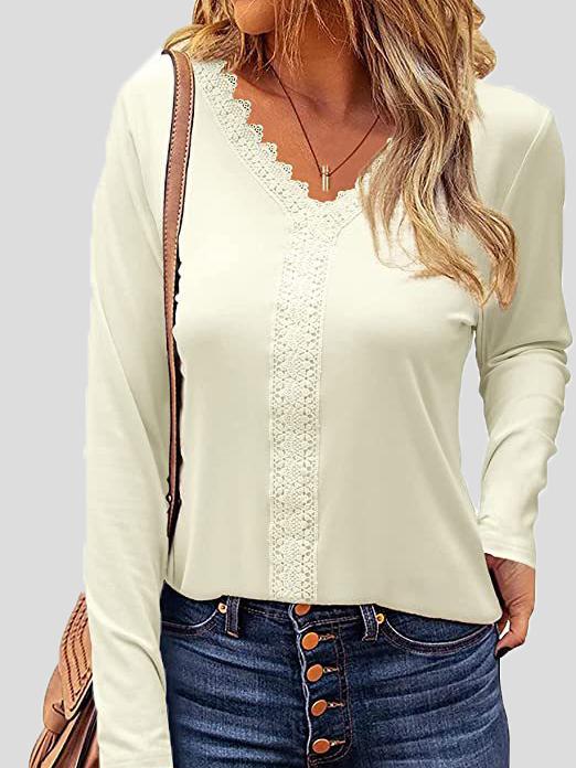 Women's T-Shirts Lace V-Neck Long Sleeve T-Shirt - LuckyFash™