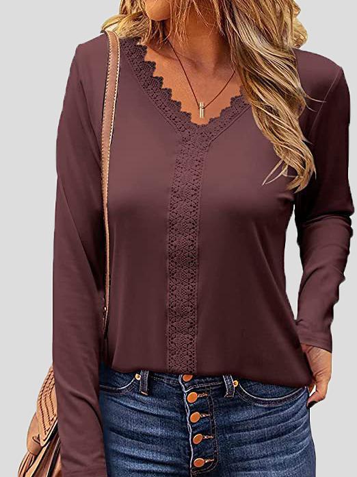 Women's T-Shirts Lace V-Neck Long Sleeve T-Shirt - LuckyFash™