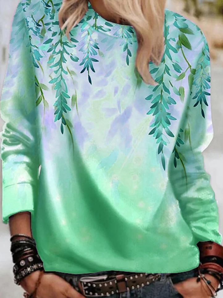 Women's T-Shirts Leaf Print Round Neck Long Sleeve T-Shirt - LuckyFash™