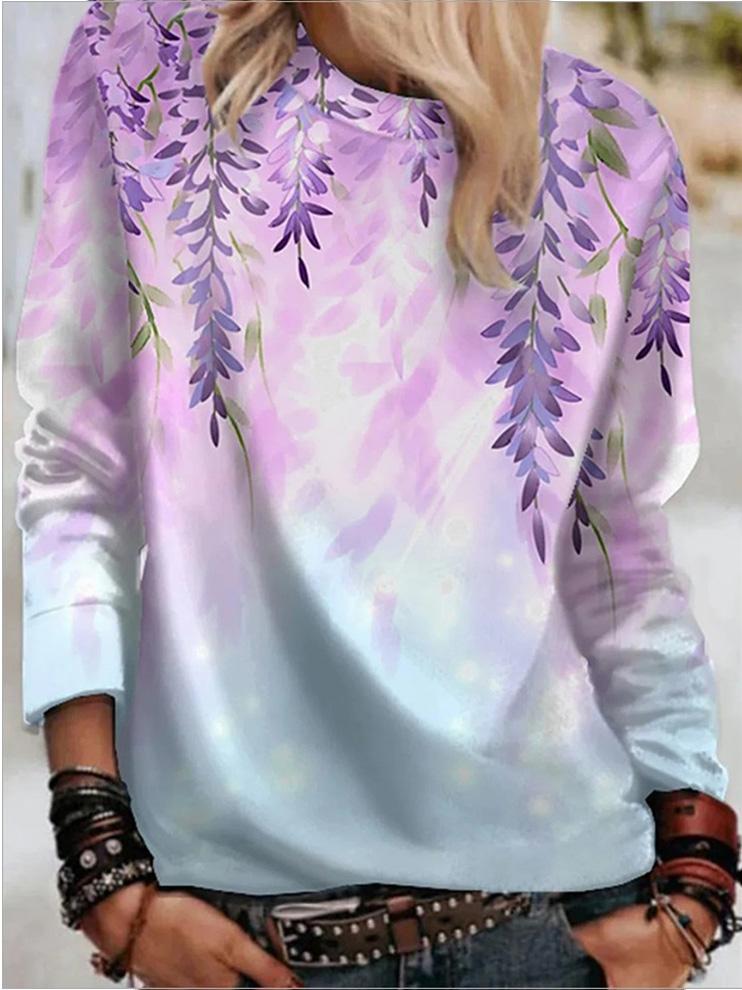 Women's T-Shirts Leaf Print Round Neck Long Sleeve T-Shirt - LuckyFash™
