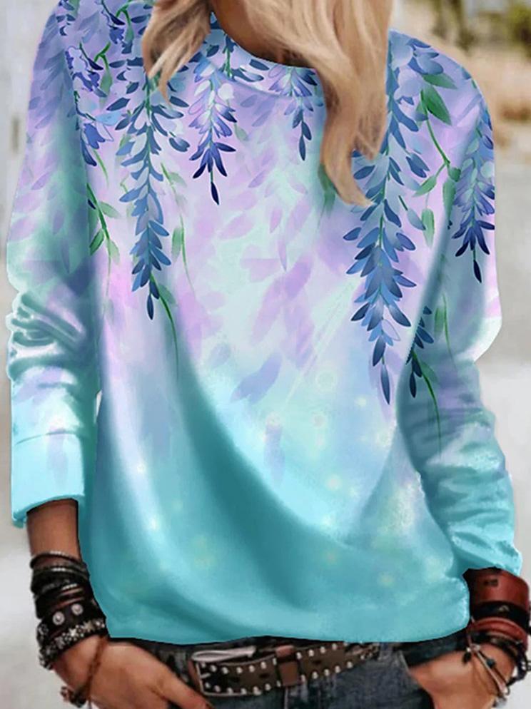 Women's T-Shirts Leaf Print Round Neck Long Sleeve T-Shirt - LuckyFash™