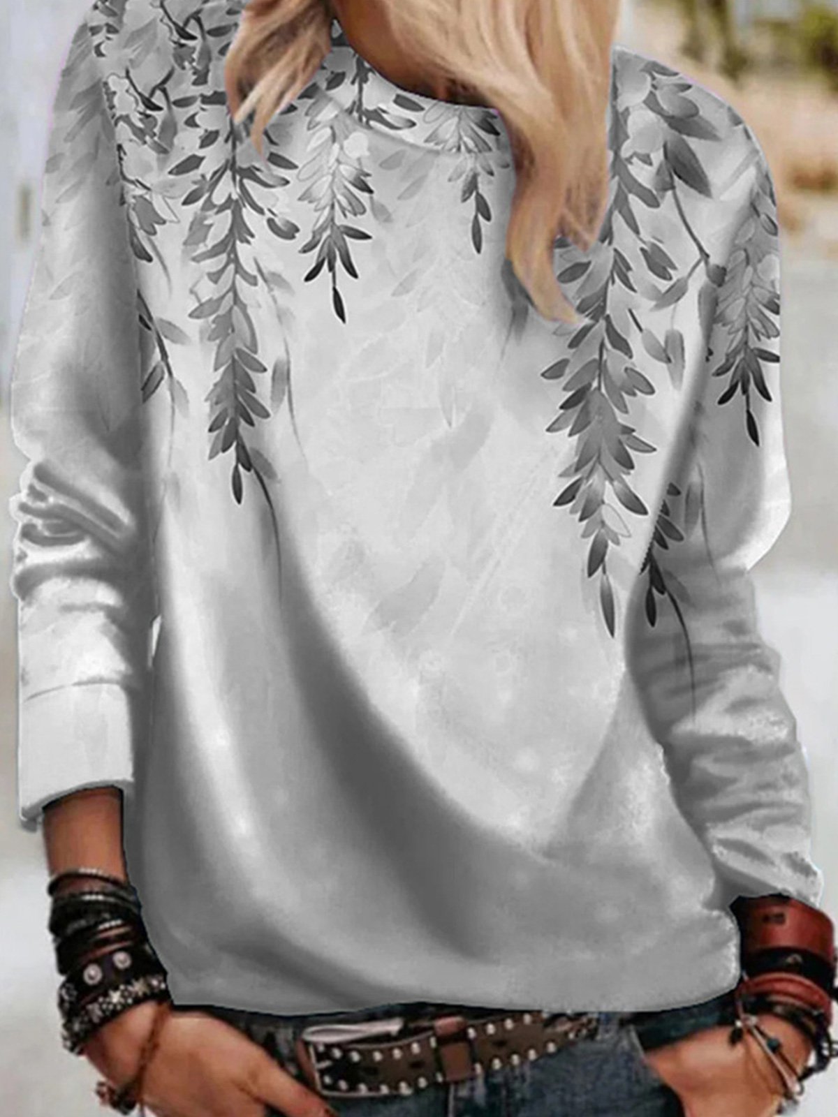 Women's T-Shirts Leaf Print Round Neck Long Sleeve T-Shirt - LuckyFash™
