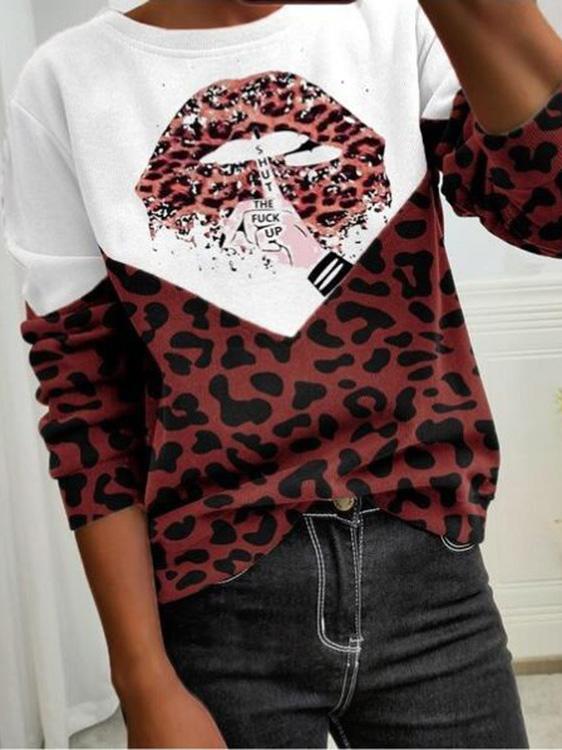 Women's T-Shirts Leopard Lip Print Round Neck Long Sleeve T-Shirt - LuckyFash™