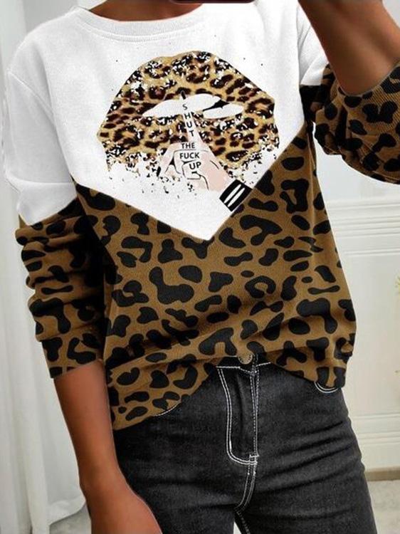 Women's T-Shirts Leopard Lip Print Round Neck Long Sleeve T-Shirt - LuckyFash™