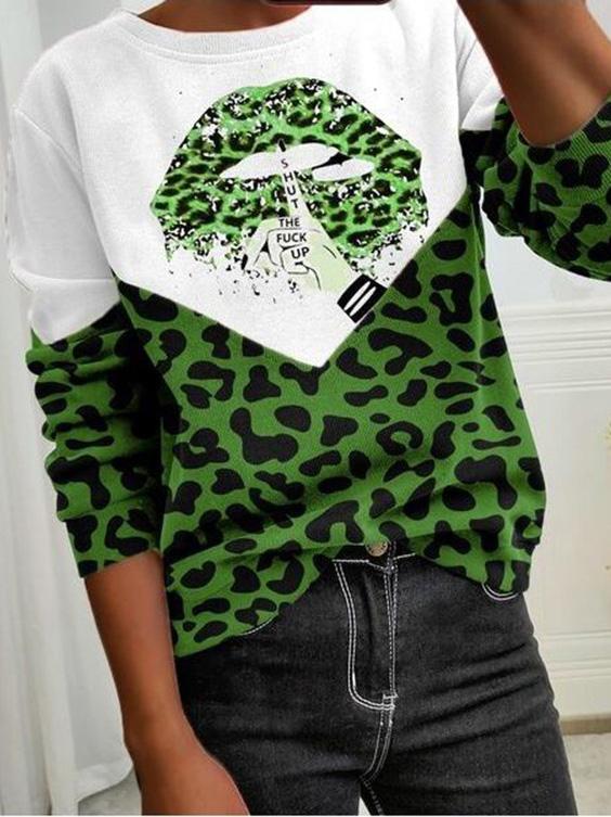 Women's T-Shirts Leopard Lip Print Round Neck Long Sleeve T-Shirt - LuckyFash™
