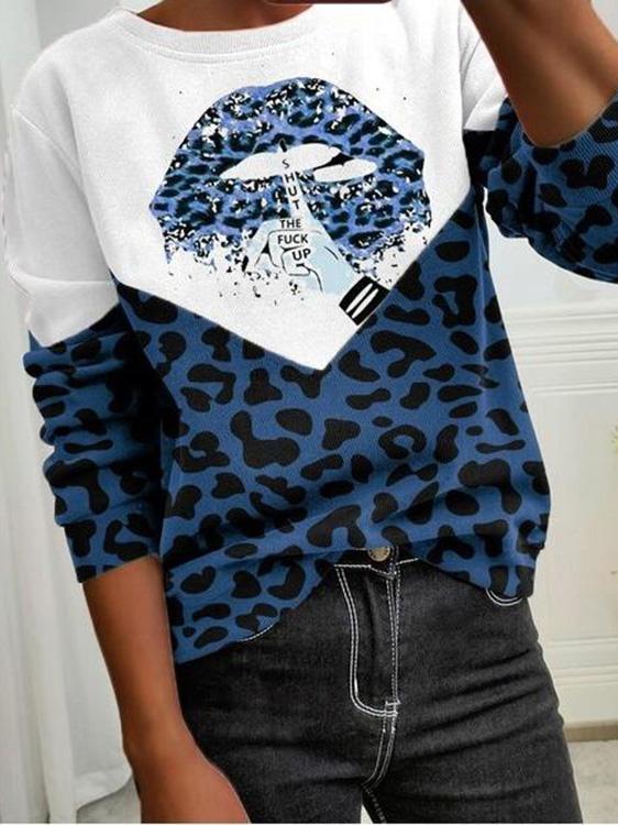 Women's T-Shirts Leopard Lip Print Round Neck Long Sleeve T-Shirt - LuckyFash™