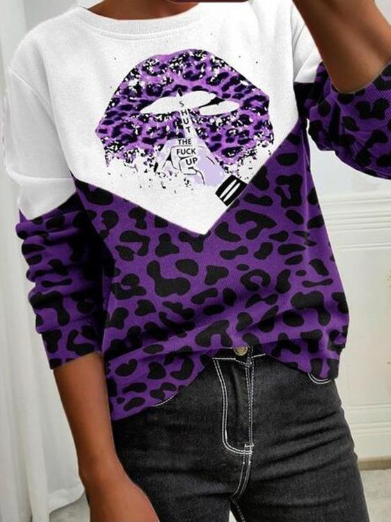 Women's T-Shirts Leopard Lip Print Round Neck Long Sleeve T-Shirt - LuckyFash™