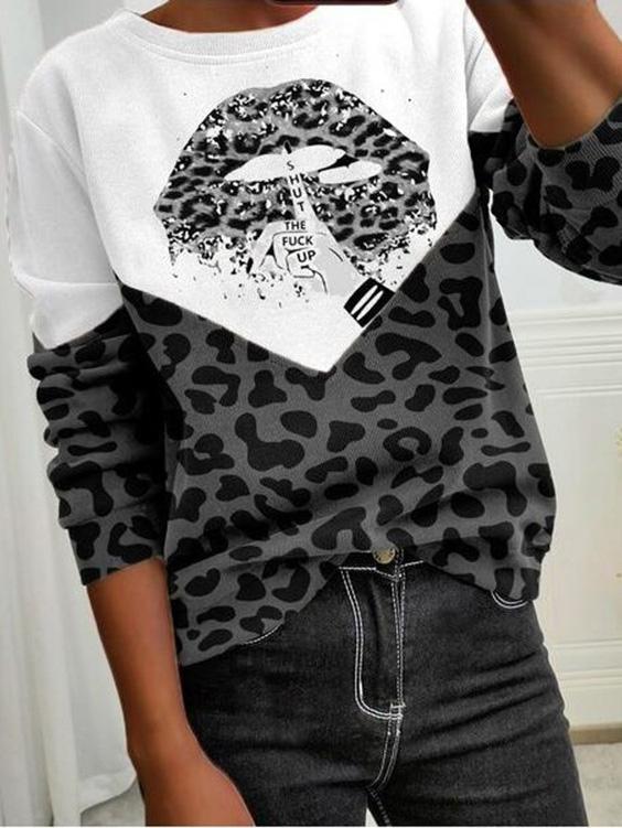 Women's T-Shirts Leopard Lip Print Round Neck Long Sleeve T-Shirt - LuckyFash™