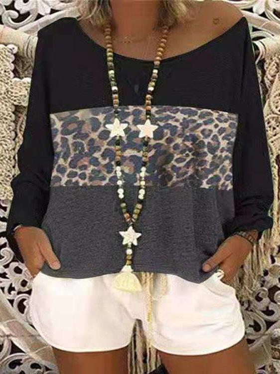 Women's T-Shirts Leopard Print Round Neck Long Sleeve T-Shirt - LuckyFash™
