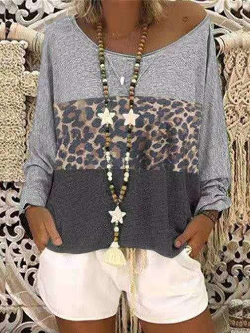 Women's T-Shirts Leopard Print Round Neck Long Sleeve T-Shirt - LuckyFash™
