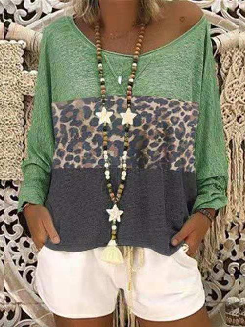 Women's T-Shirts Leopard Print Round Neck Long Sleeve T-Shirt - LuckyFash™