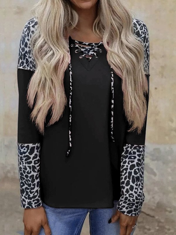 Women's T-Shirts Leopard Print Stitching Long Sleeve T-Shirt - LuckyFash™