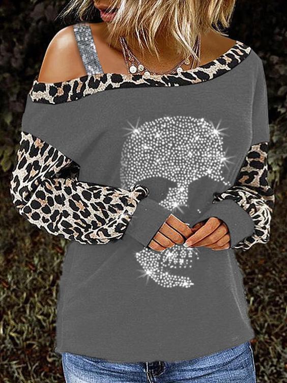 Women's T-Shirts Leopard-Print Stitching Off-Shoulder Skull Long Sleeve T-Shirt - LuckyFash™