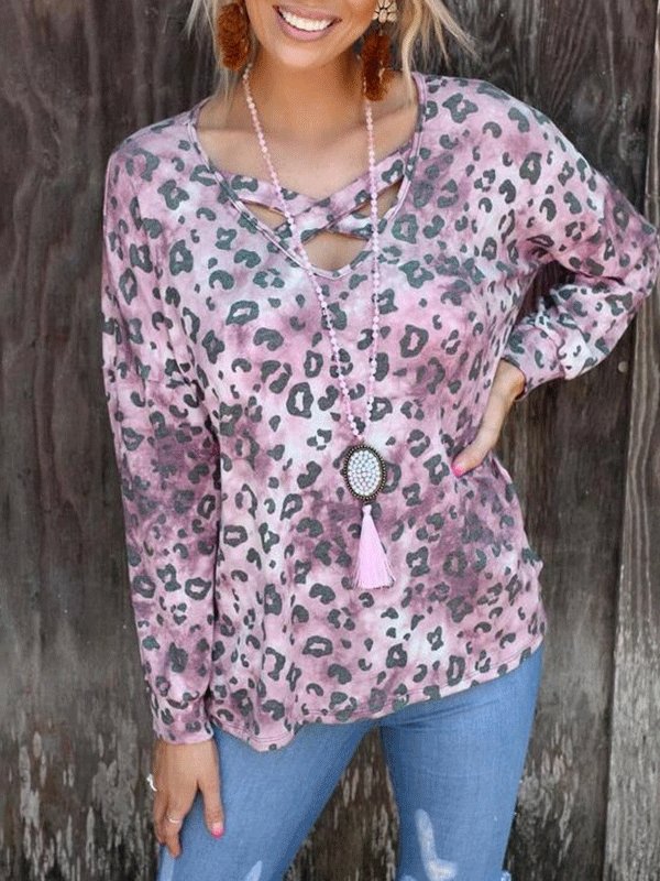 Women's T-Shirts Leopard Print V-Neck Long Sleeve T-Shirt - LuckyFash™