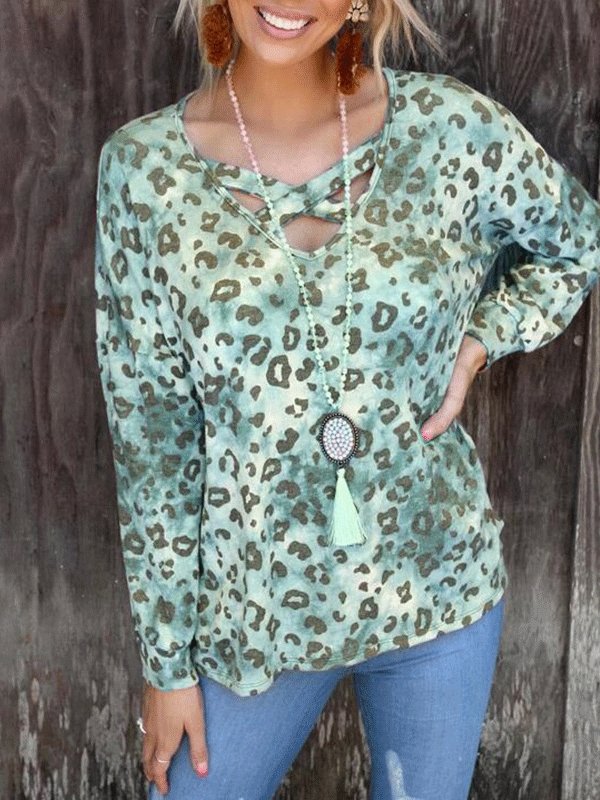 Women's T-Shirts Leopard Print V-Neck Long Sleeve T-Shirt - LuckyFash™