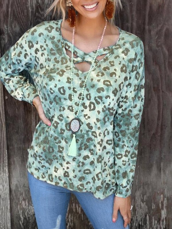 Women's T-Shirts Leopard Print V-Neck Long Sleeve T-Shirt - LuckyFash™