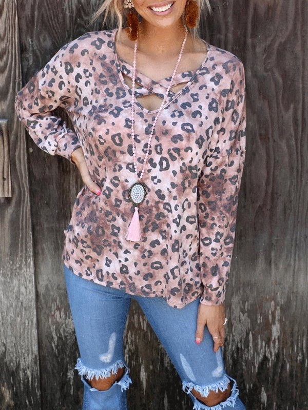 Women's T-Shirts Leopard Print V-Neck Long Sleeve T-Shirt - LuckyFash™