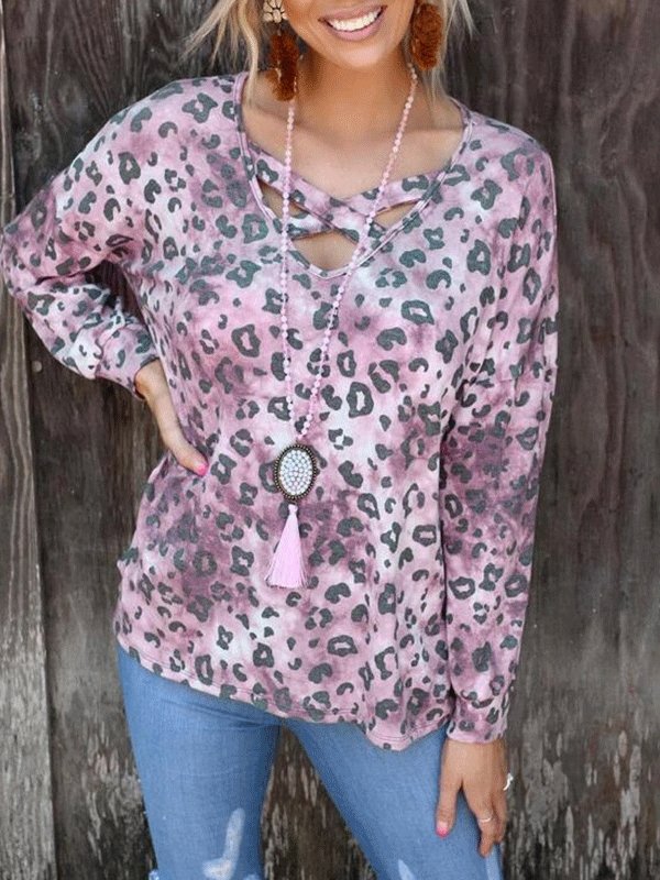 Women's T-Shirts Leopard Print V-Neck Long Sleeve T-Shirt - LuckyFash™