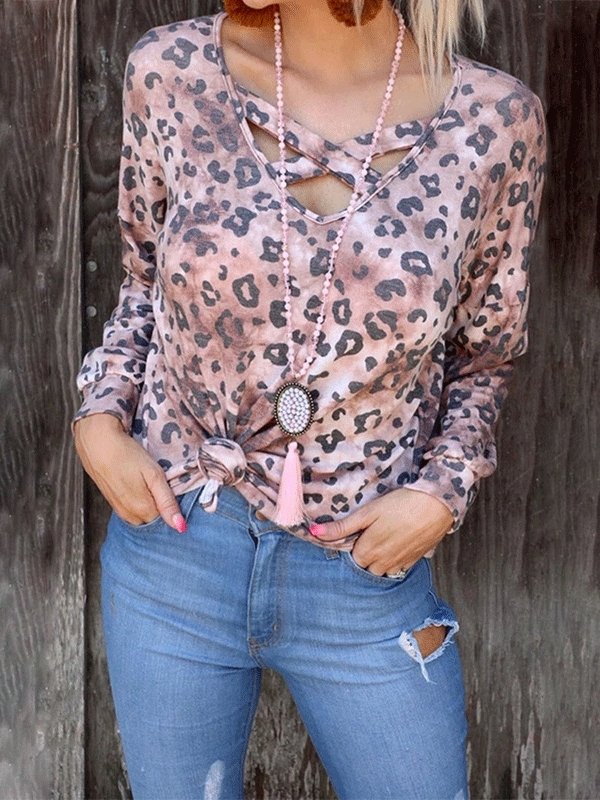 Women's T-Shirts Leopard Print V-Neck Long Sleeve T-Shirt - LuckyFash™