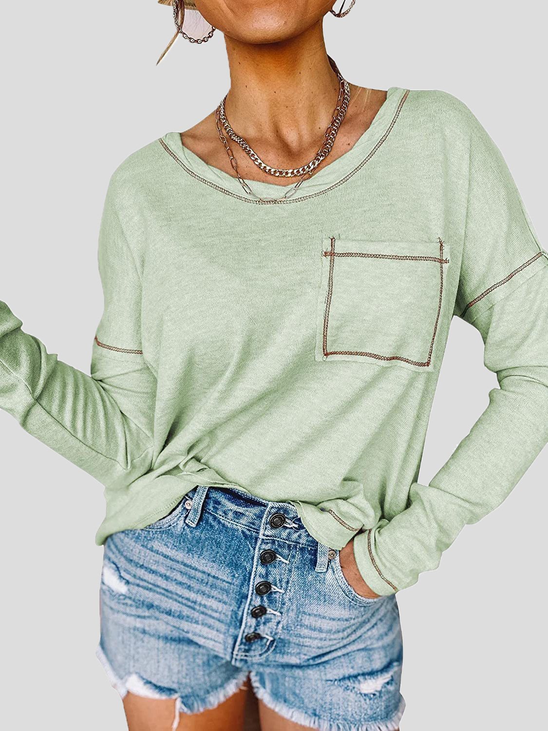 Women's T-Shirts Loose Round Neck Pocket Long Sleeve T-Shirt - LuckyFash™