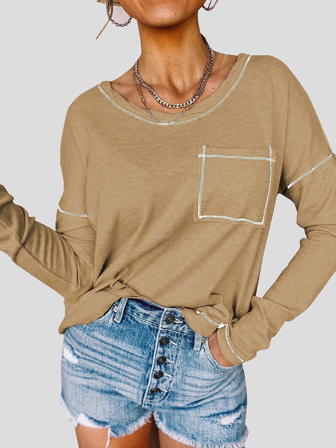 Women's T-Shirts Loose Round Neck Pocket Long Sleeve T-Shirt - LuckyFash™