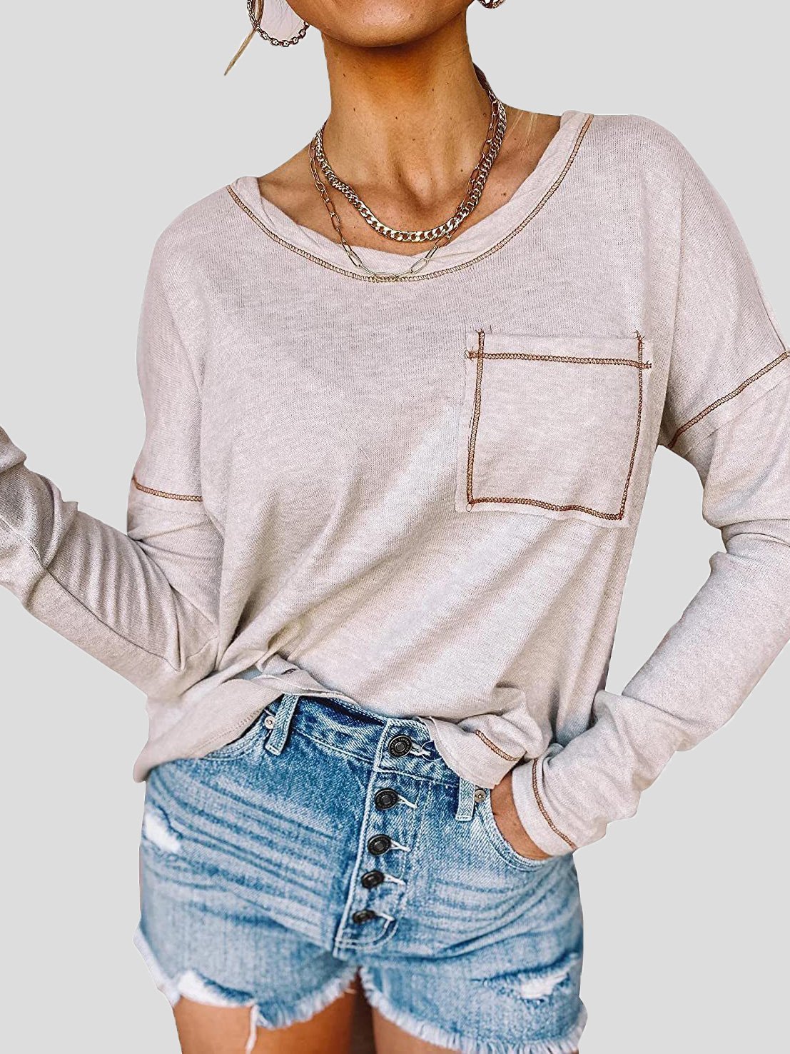 Women's T-Shirts Loose Round Neck Pocket Long Sleeve T-Shirt - LuckyFash™