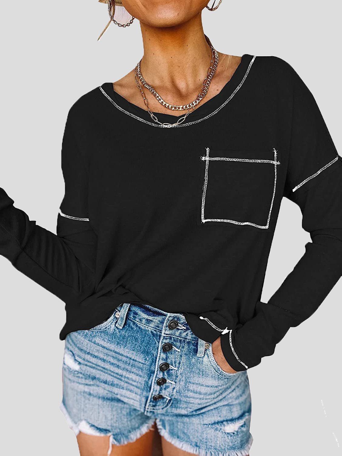 Women's T-Shirts Loose Round Neck Pocket Long Sleeve T-Shirt - LuckyFash™
