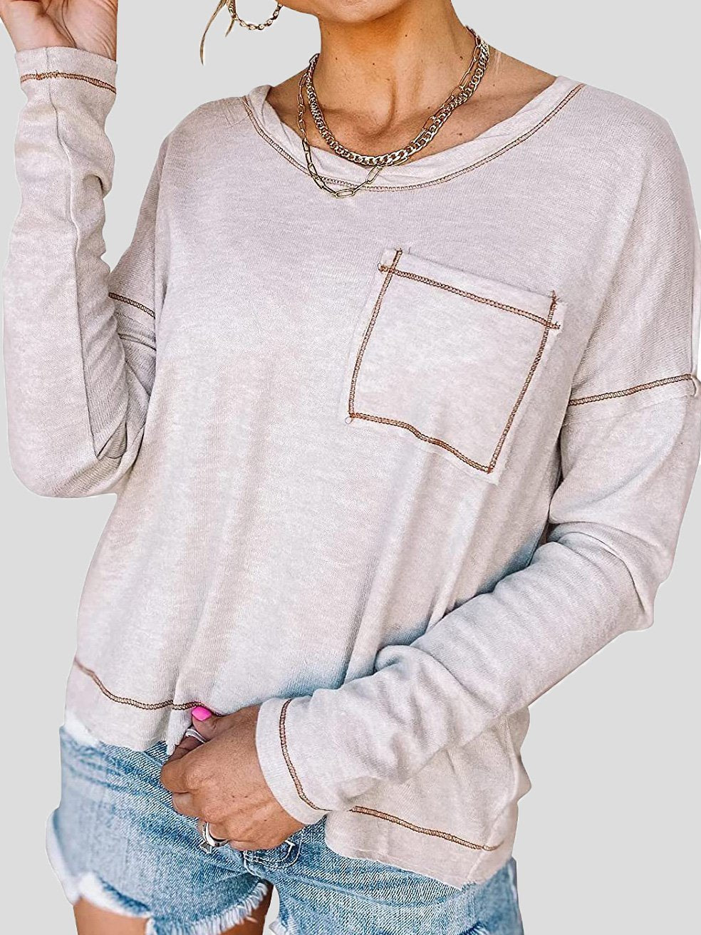 Women's T-Shirts Loose Round Neck Pocket Long Sleeve T-Shirt - LuckyFash™