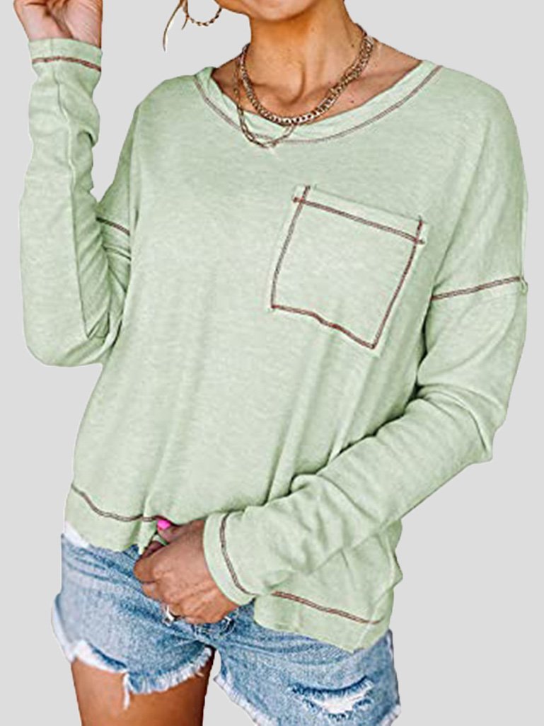 Women's T-Shirts Loose Round Neck Pocket Long Sleeve T-Shirt - LuckyFash™