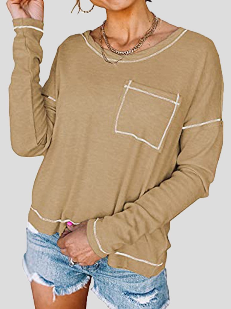 Women's T-Shirts Loose Round Neck Pocket Long Sleeve T-Shirt - LuckyFash™