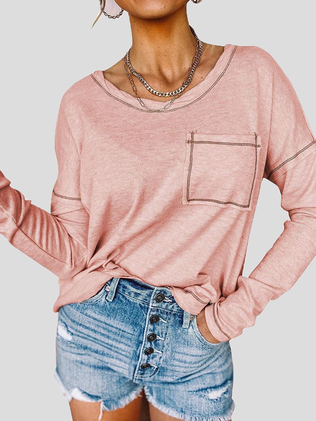 Women's T-Shirts Loose Round Neck Pocket Long Sleeve T-Shirt - LuckyFash™