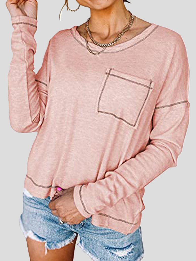 Women's T-Shirts Loose Round Neck Pocket Long Sleeve T-Shirt - LuckyFash™
