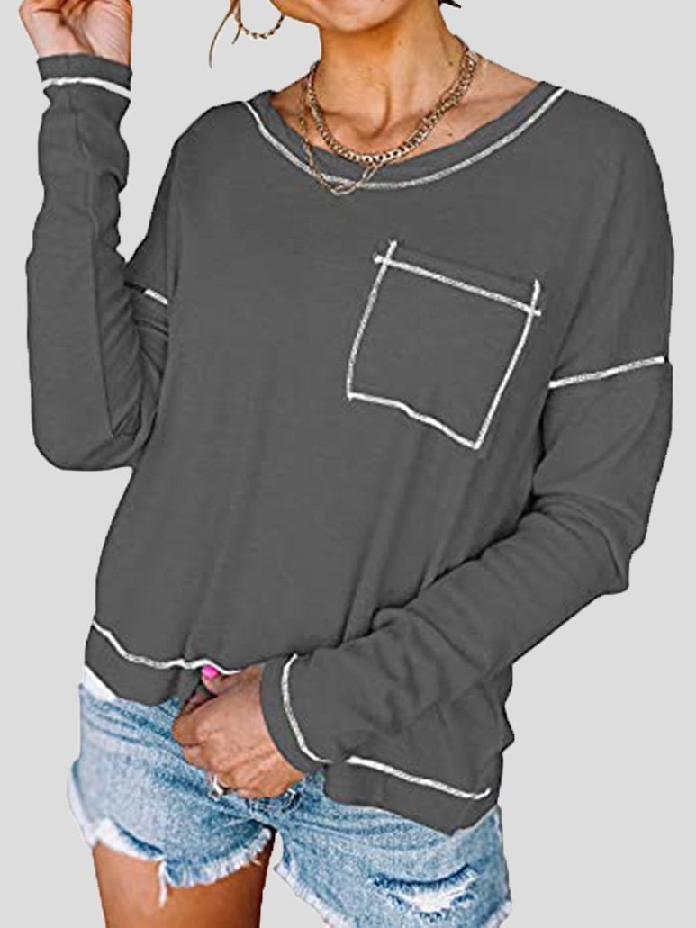 Women's T-Shirts Loose Round Neck Pocket Long Sleeve T-Shirt - LuckyFash™