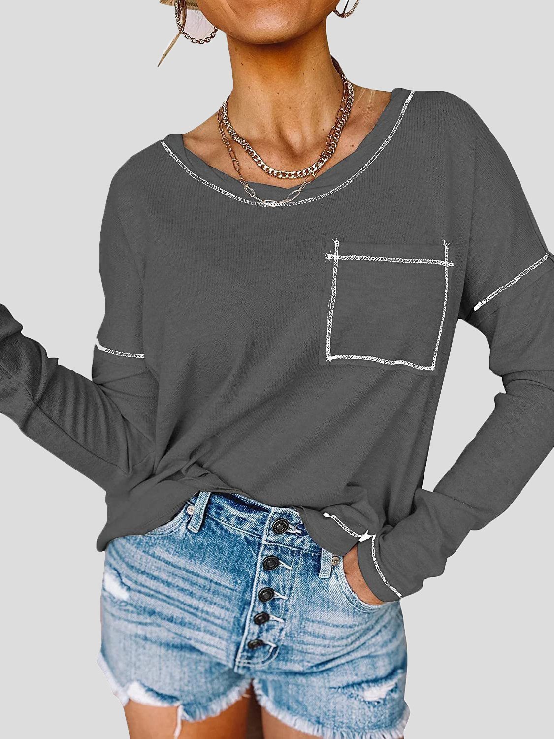 Women's T-Shirts Loose Round Neck Pocket Long Sleeve T-Shirt - LuckyFash™