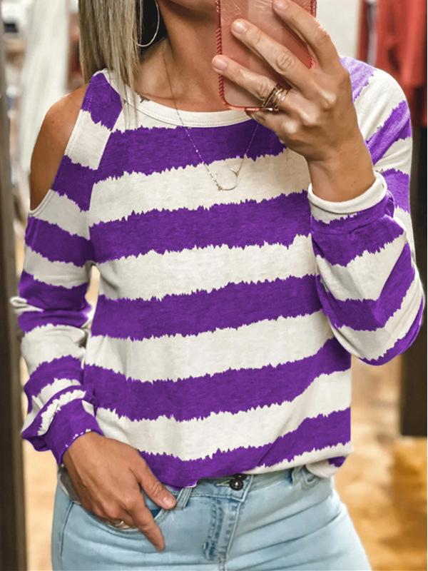 Women's T-Shirts Loose Round Neck Striped Long Sleeve T-Shirt - LuckyFash™