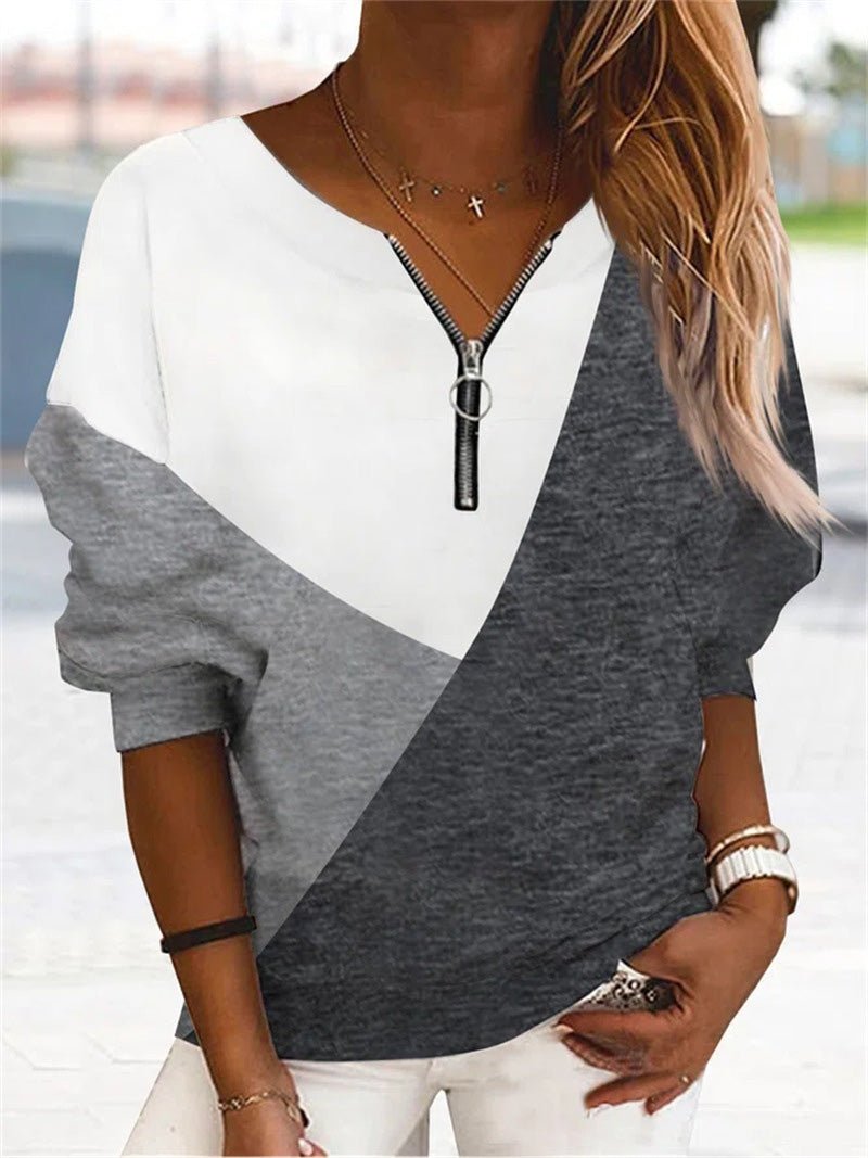 Women's T-Shirts Loose V-Neck Zippered Long Sleeve T-Shirt - LuckyFash™