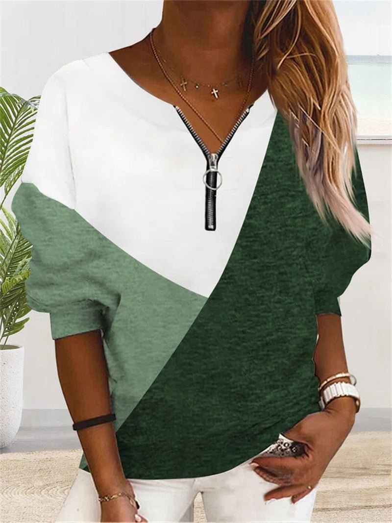 Women's T-Shirts Loose V-Neck Zippered Long Sleeve T-Shirt - LuckyFash™