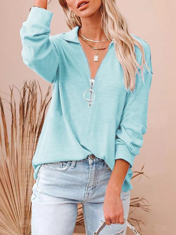 Women's T-Shirts Loose Zipper V-Neck Long Sleeve T-Shirt - LuckyFash™