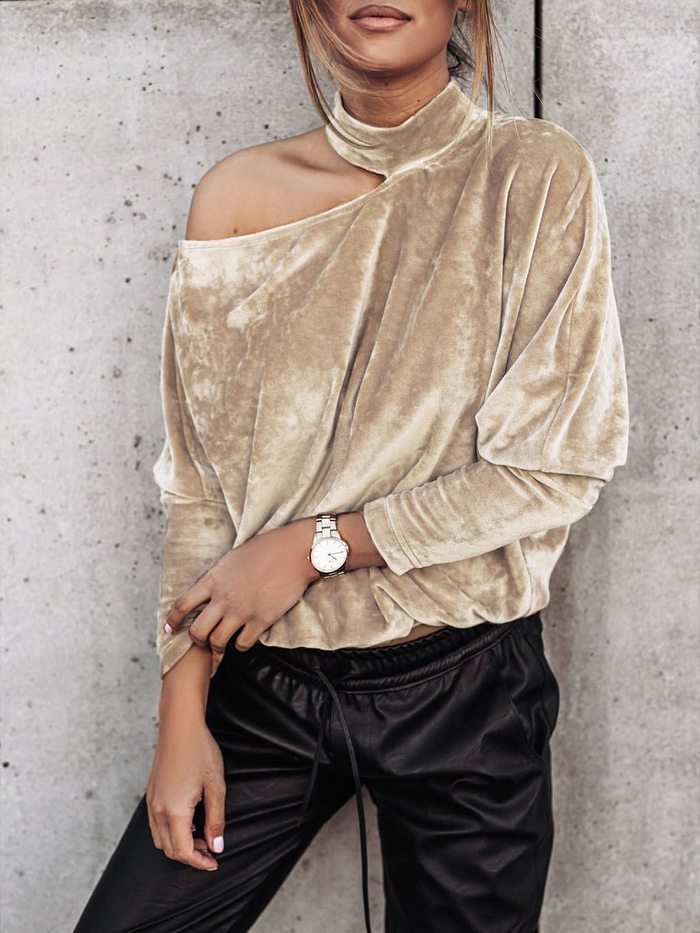 Women's T-Shirts Off-Shoulder Long Sleeve Gold Velvet Solid Top - LuckyFash™