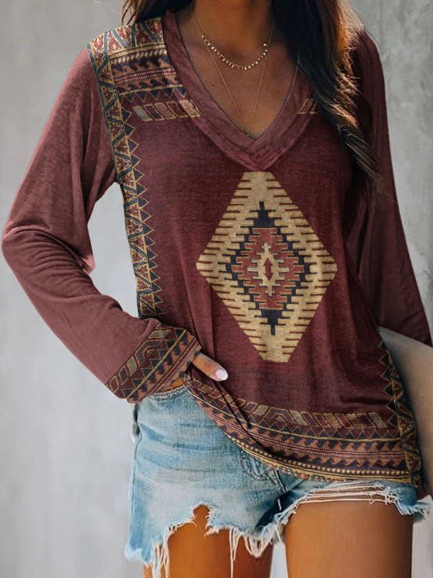 Women's T-Shirts Polygonal Pattern V-Neck Long Sleeve T-Shirt - LuckyFash™