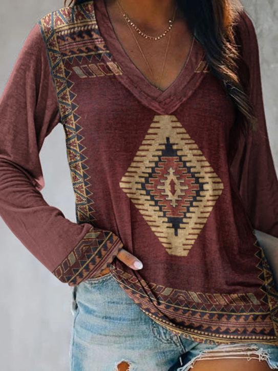 Women's T-Shirts Polygonal Pattern V-Neck Long Sleeve T-Shirt - LuckyFash™