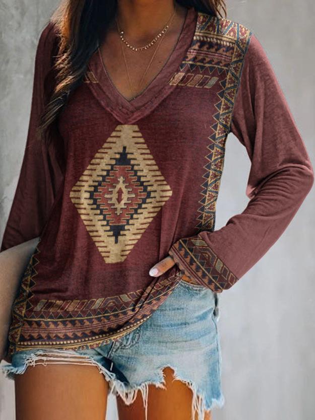 Women's T-Shirts Polygonal Pattern V-Neck Long Sleeve T-Shirt - LuckyFash™