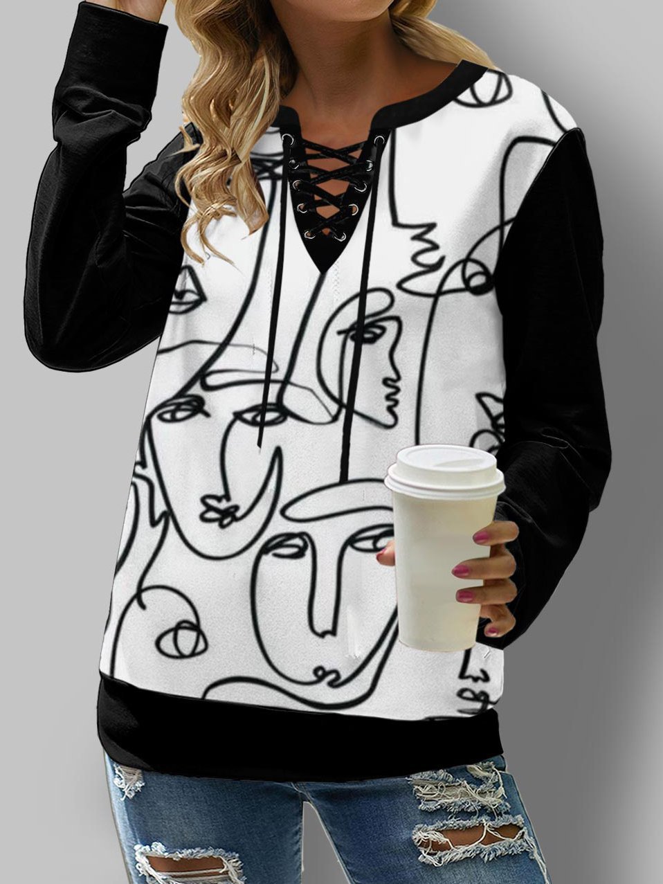 Women's T-Shirts Printed Belted Long Sleeve Loose T-Shirts - LuckyFash™