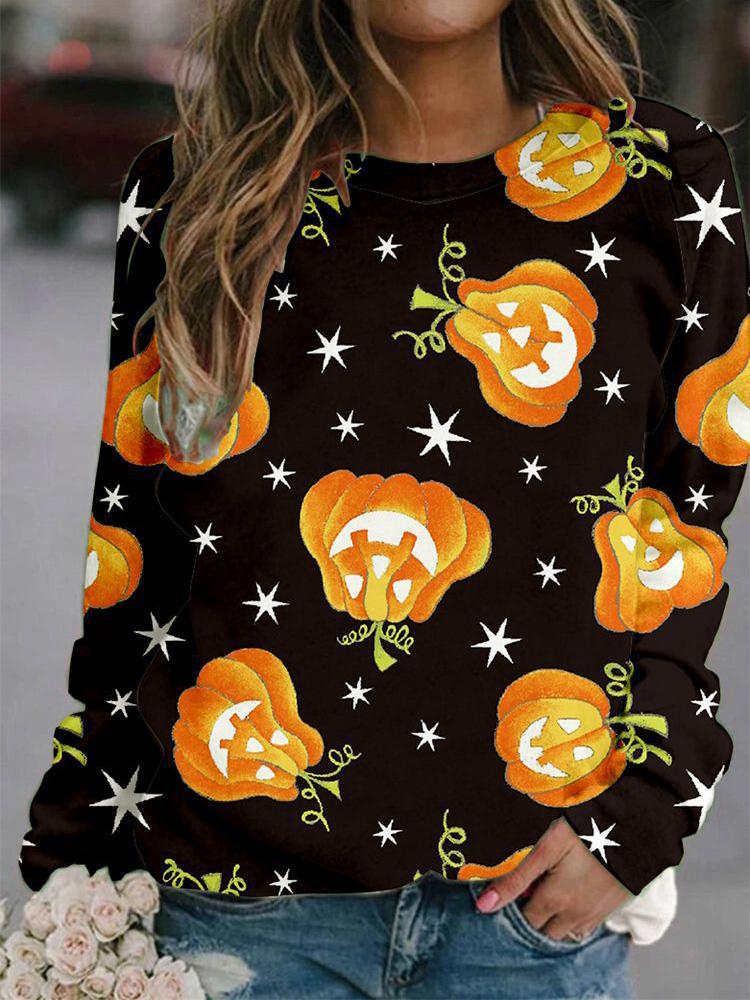 Women's T-Shirts Halloween Printed Round Neck Long Sleeve Loose T-Shirts - LuckyFash™