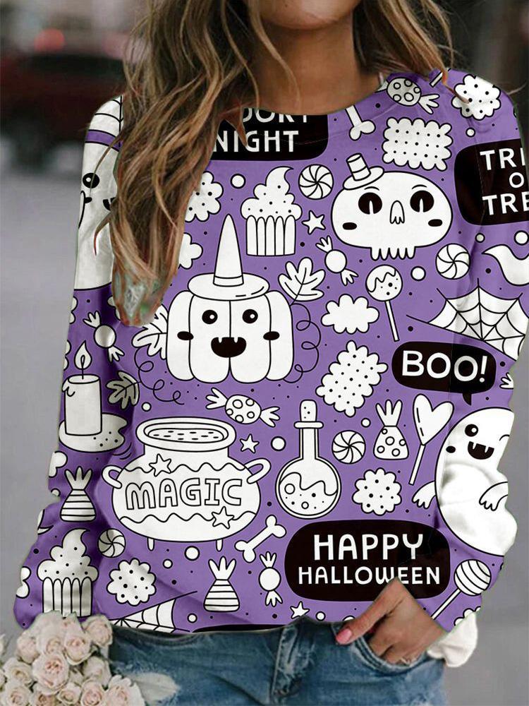 Women's T-Shirts Halloween Printed Round Neck Long Sleeve Loose T-Shirts - LuckyFash™