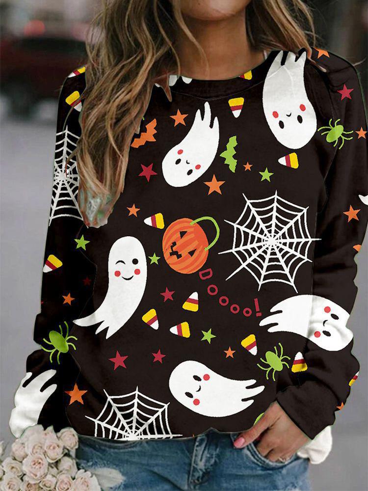 Women's T-Shirts Halloween Printed Round Neck Long Sleeve Loose T-Shirts - LuckyFash™
